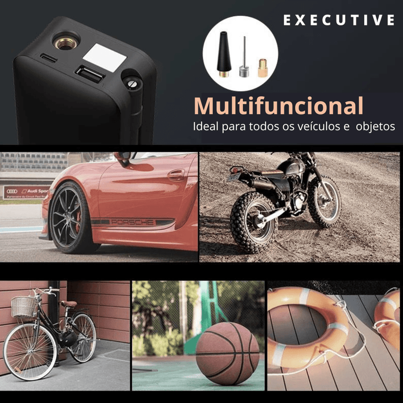 Compressor de Ar 12V Multifuncional + 4 Adaptadores de Brinde